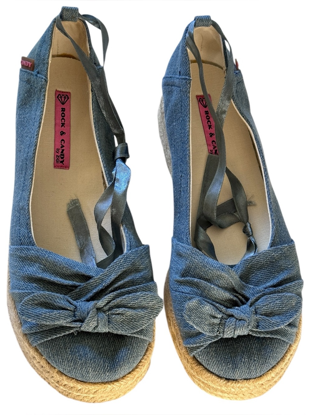Rock & Candy Blue Denim Wedge Espadrilles with Bow and Ankle Ties